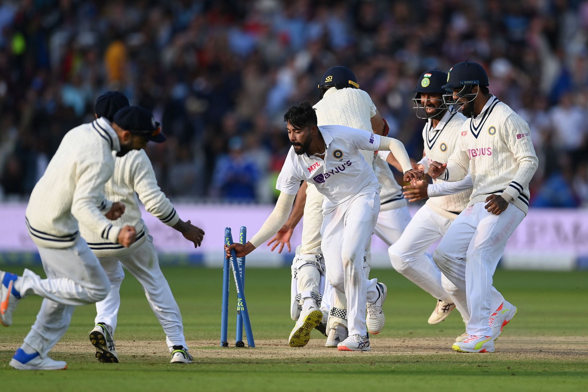 Lords of Lord's - the moment when Siraj knocked over Anderson and plucked out the off-stump as he ran to celebrate.
